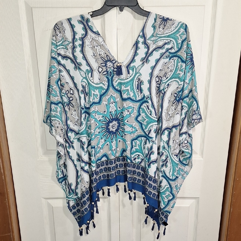 Blue Poncho Kaftan Cover - Bohemian Abstract Wood Beads Fringe